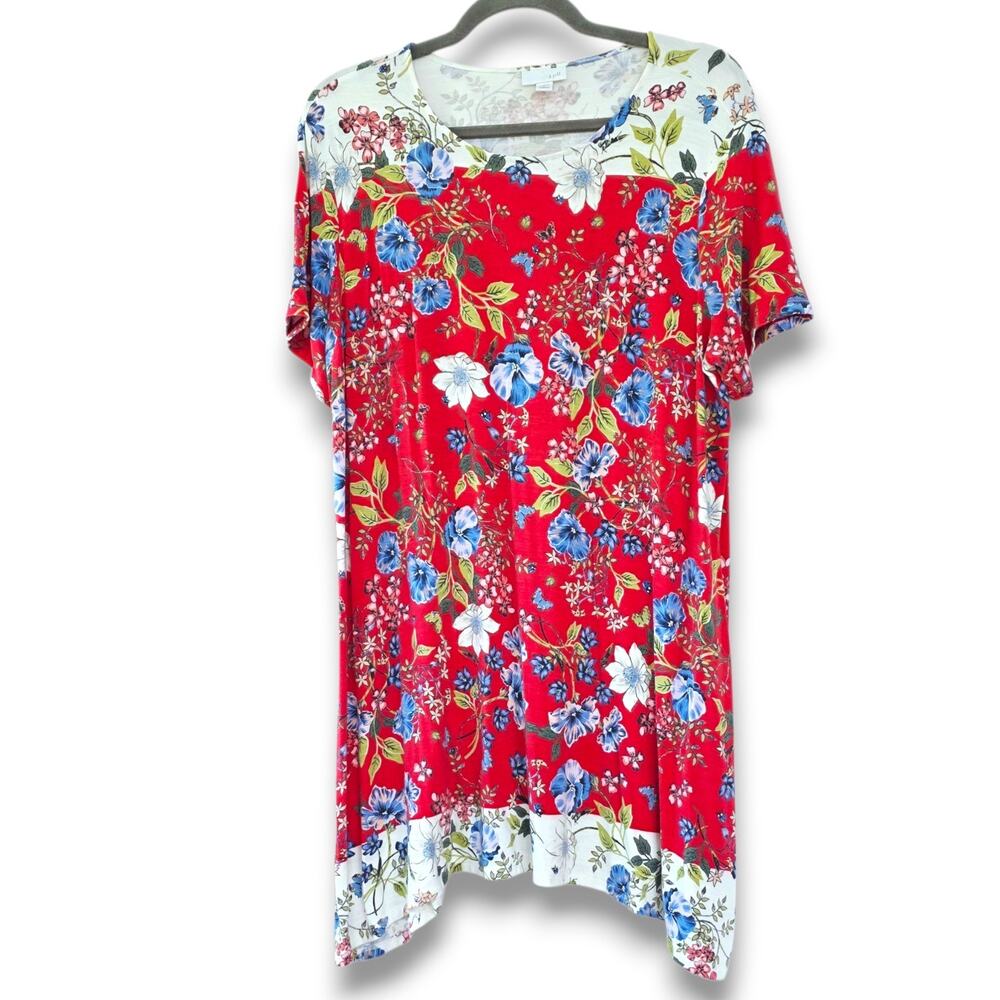 J. Jill Dress Womens XL Red Floral Round Neck Stretch Ladies Boho Casual Peasant